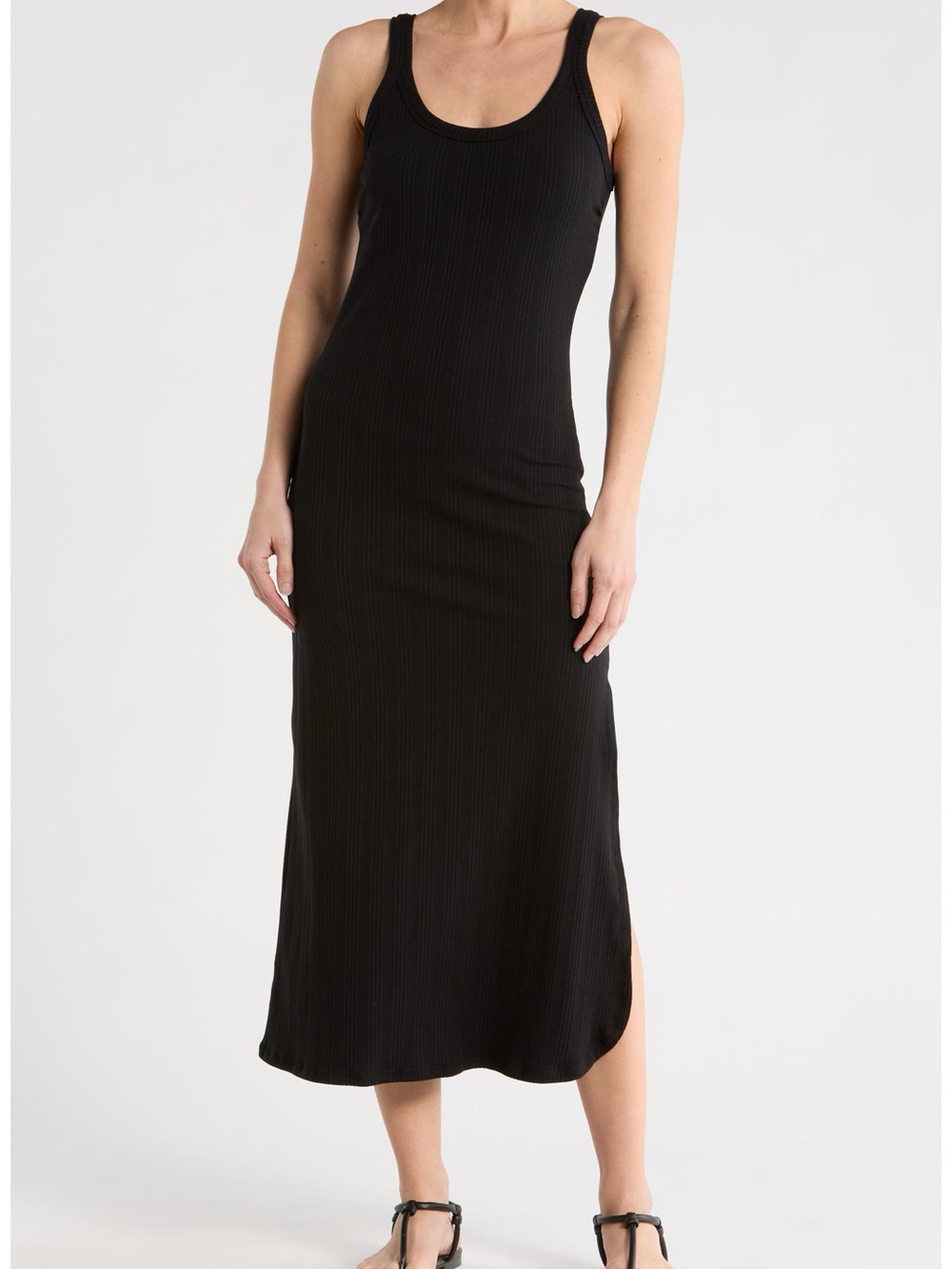 Vitamin A Black Ribbed Sleeveless Midi Dress, Size S